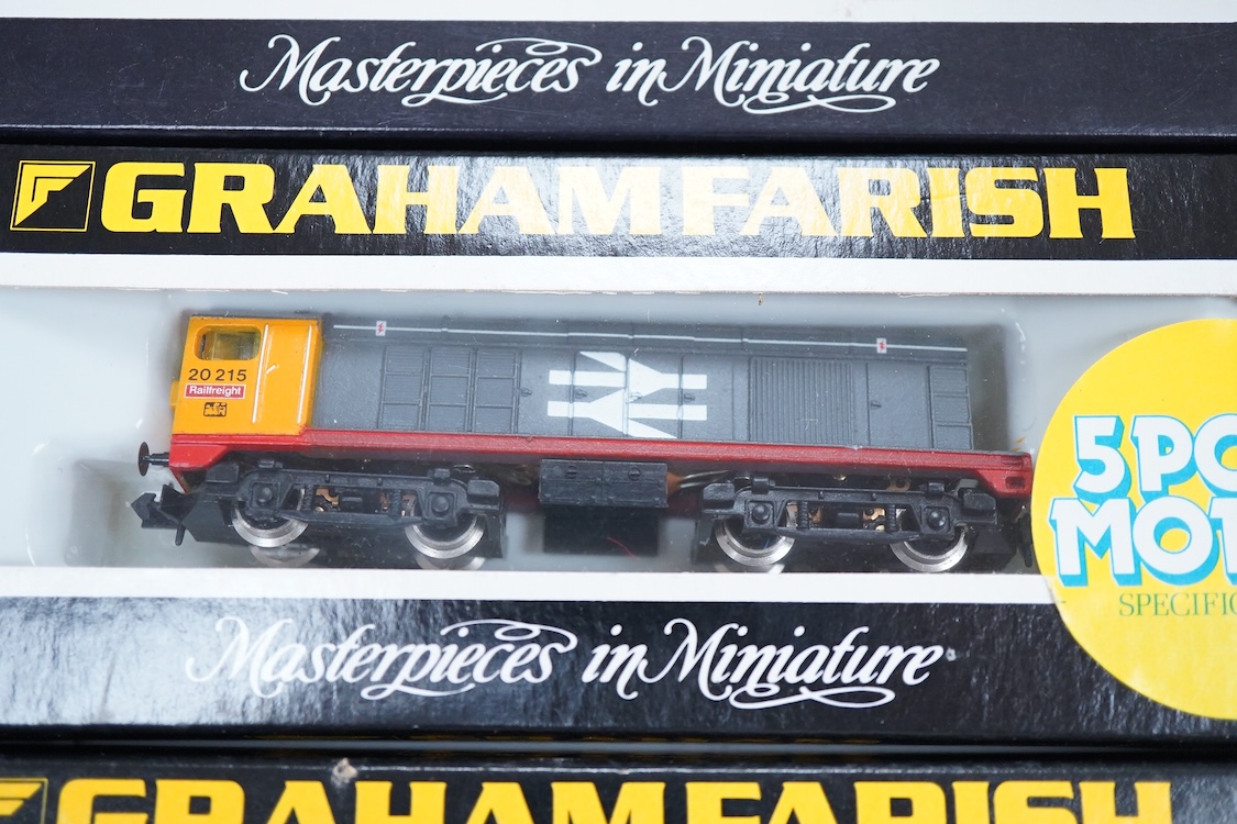 Four boxed Graham Farish N gauge railway diesel locomotives; a BR class 20, 20 215 (8208), a BR class 20, D8144 (8204) (front detached), a BR class 25, D7645, (8304) and a BR class 31, 31 552 (806A).
